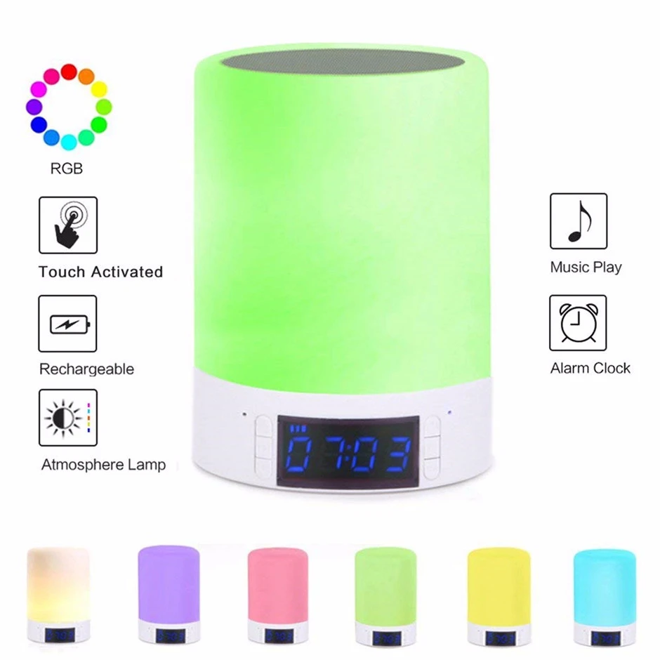 

Wireless Bluetooth Music Speaker Touch Control RGB Dimmable LED Color changeable with alarm clock Multifunction Night Light kids