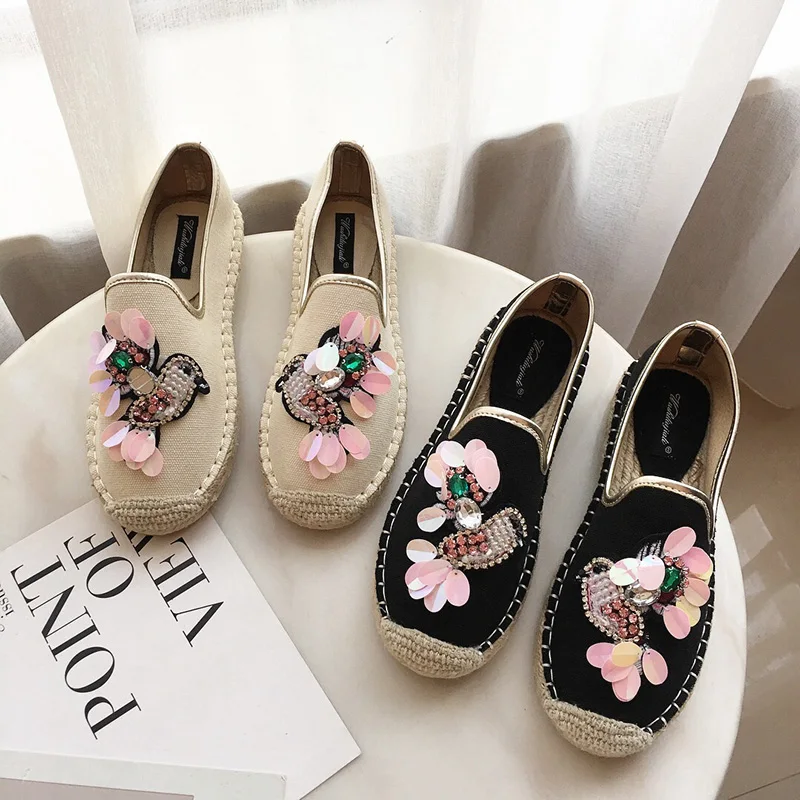 

2019 Spring Women Espadrilles Flats Crystal Flowers Hemp Fisherman Shoes Ladies Soft Casual Leisure Shoes Slip On Lazy Loafers