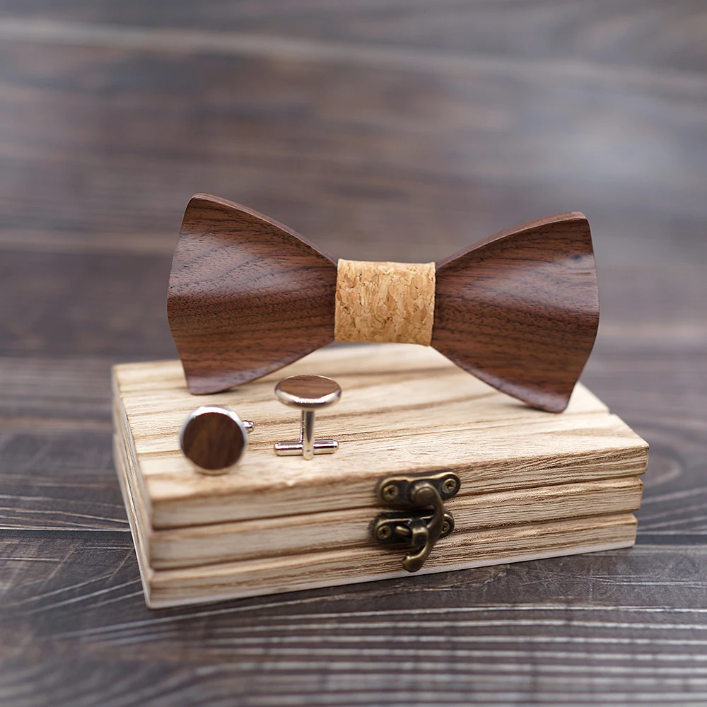  Mahoosive Man Fashion Wooden Bowtie 3D Corbatas Gravata Jacquard Tie Handkerchief Cufflinks Tie For