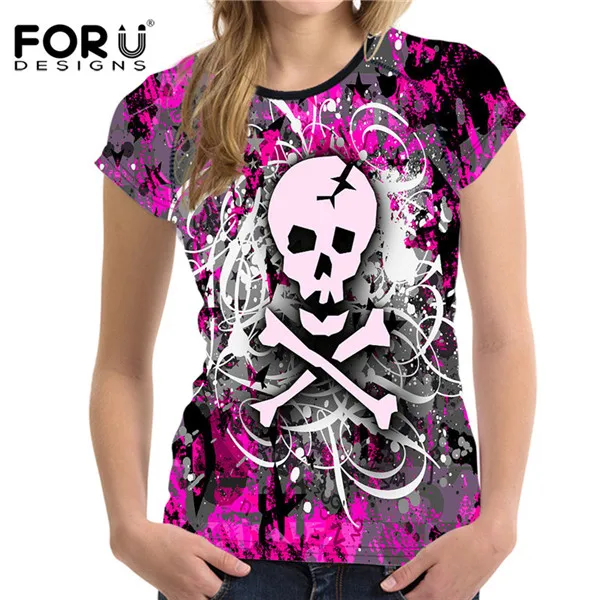 FORUDESIGNS/Модная женская футболка, летняя футболка с коротким рукавом в стиле панк с принтом черепа, Повседневная футболка для женщин, удобная футболка, топы - Цвет: H3024