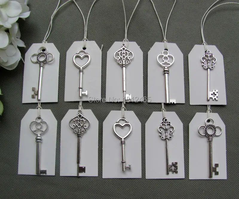 Смешанные 20 шт античный серебряный скелет ключи и 20 шт белые бирки Свадебные Сувальдные ключи Шарм Большой размер 53-68 мм