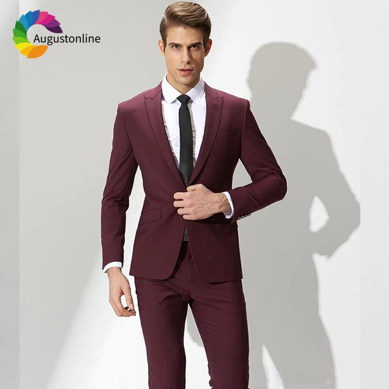 Burgundy Business Men Suits For Wedding Peaked Lapel 2018 Slim Fit Formal Custom Tailored Tuxedo Blazer 2 Pieces Terno Masculino