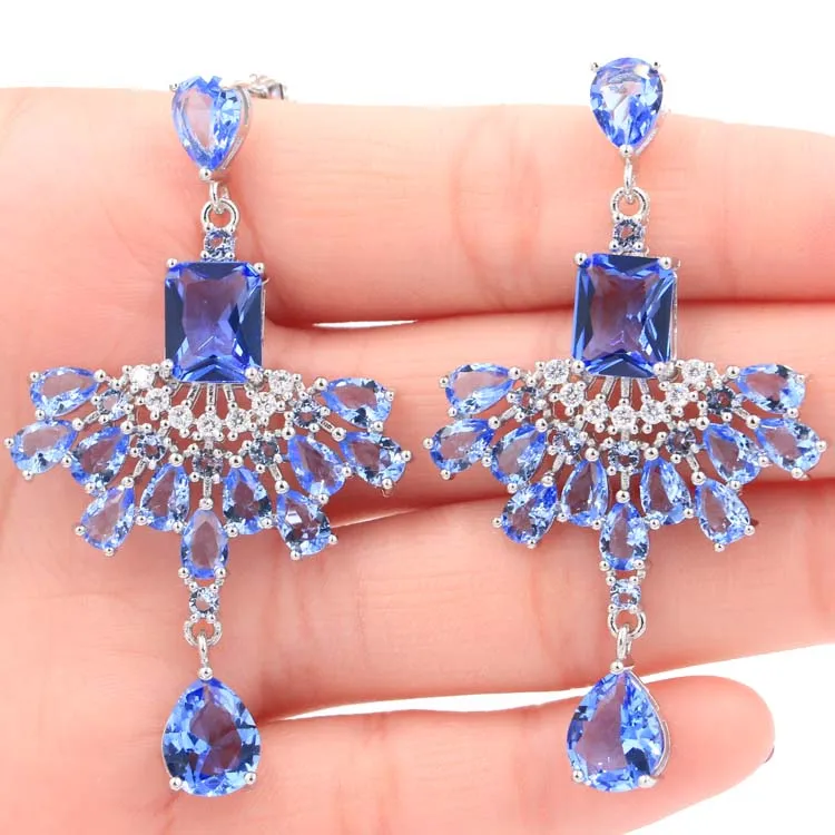 

Long Big Heavy London Blue Topaz White CZ Woman's Gift Silver Earrings 40x22mm