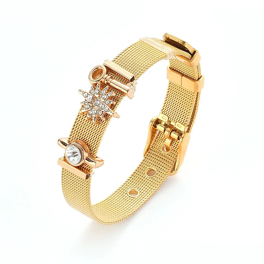 

High Quality Mesh Bracelet Set Stainless Steel Bracelet Crystal Snowflake Charm Brand Bracelet for Woman Valentines Gift
