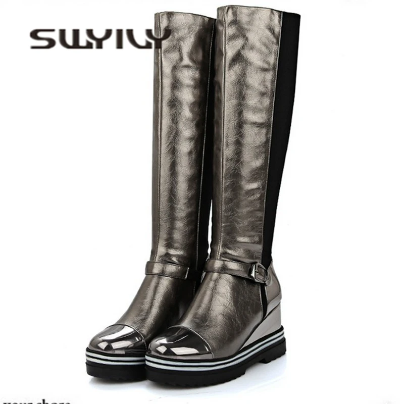

SWYIVY PU Square Heel Wedge Shoes Woman 2019 Winter Women Short Plush Over The Knee Boots Ankle Female Shoes Platform Booties
