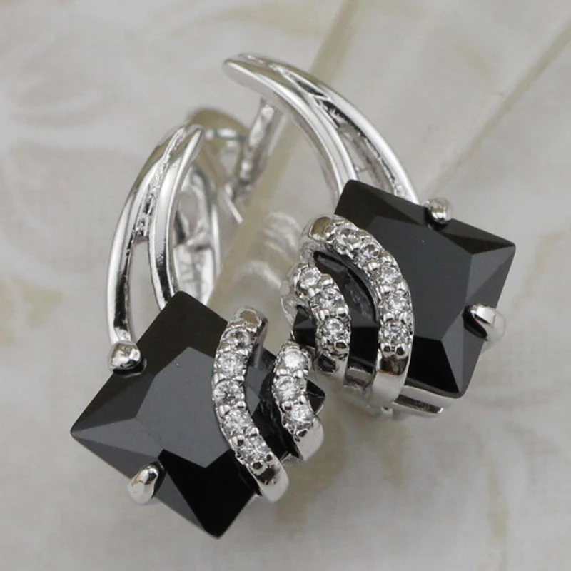 Classy Elegant Nice Black CZ Gems Hoop Earrings Rhodium Plated Jewelry