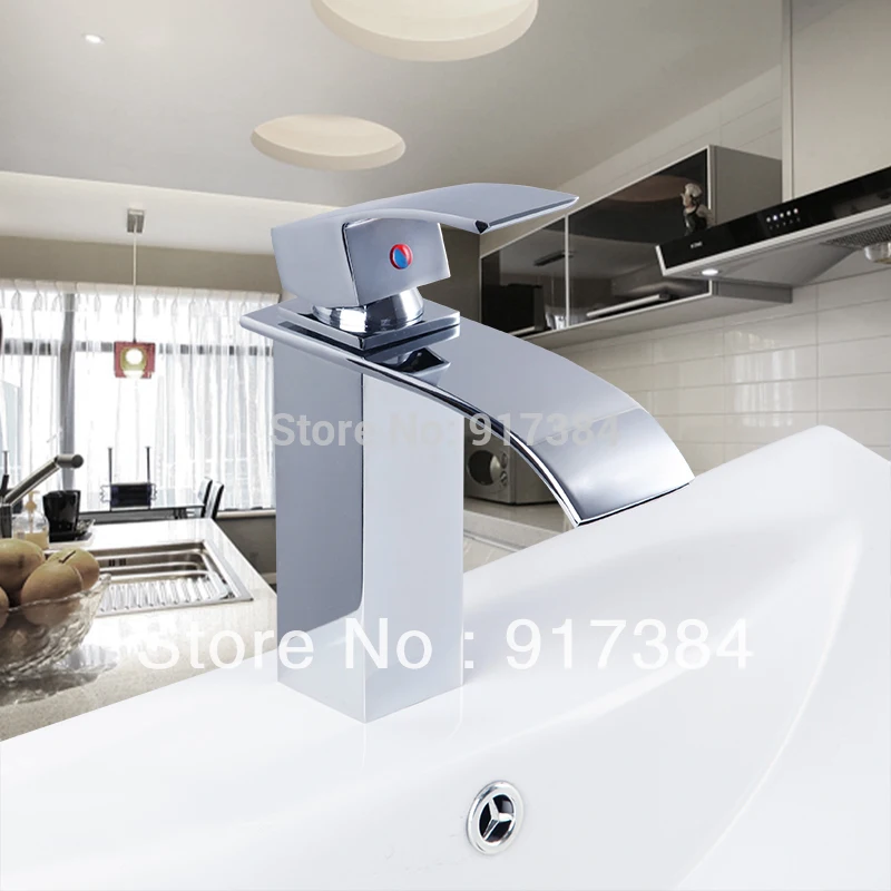 New Brand Deck Mounted Single Handle Bathroom Waterfall Spout Brass Wash Basin Sink Mixer Tap Chrome