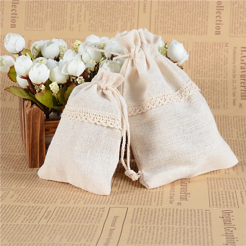 ︻50Pcs/lot Trendy Beige Lace Linen ⓪ Drawstring Drawstring Wedding
