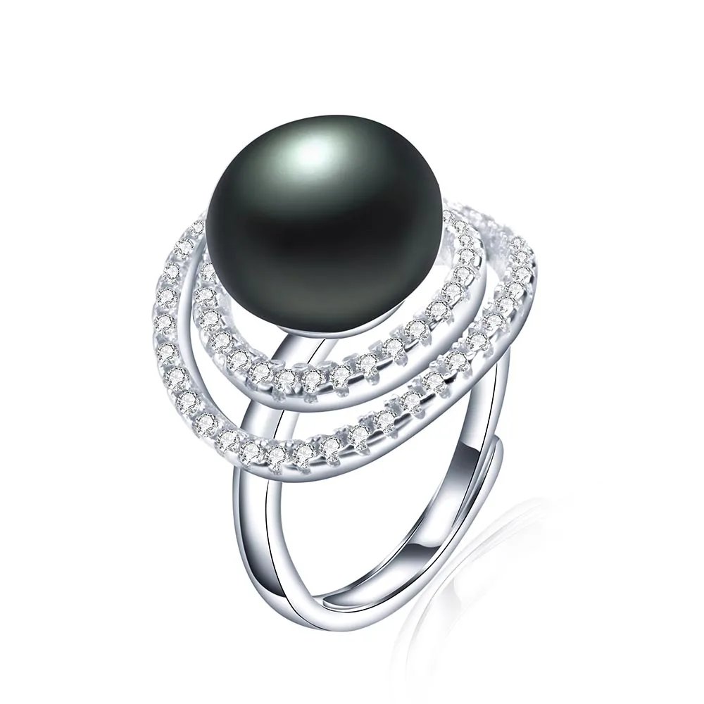 LINDO 11-12 мм большой размер кольцо с натуральным пресноводным жемчугом для женщин Мода AAA CZ 925 пробы серебряные ювелирные изделия Белый Розовый Фиолетовый кольцо - Цвет камня: black pearl