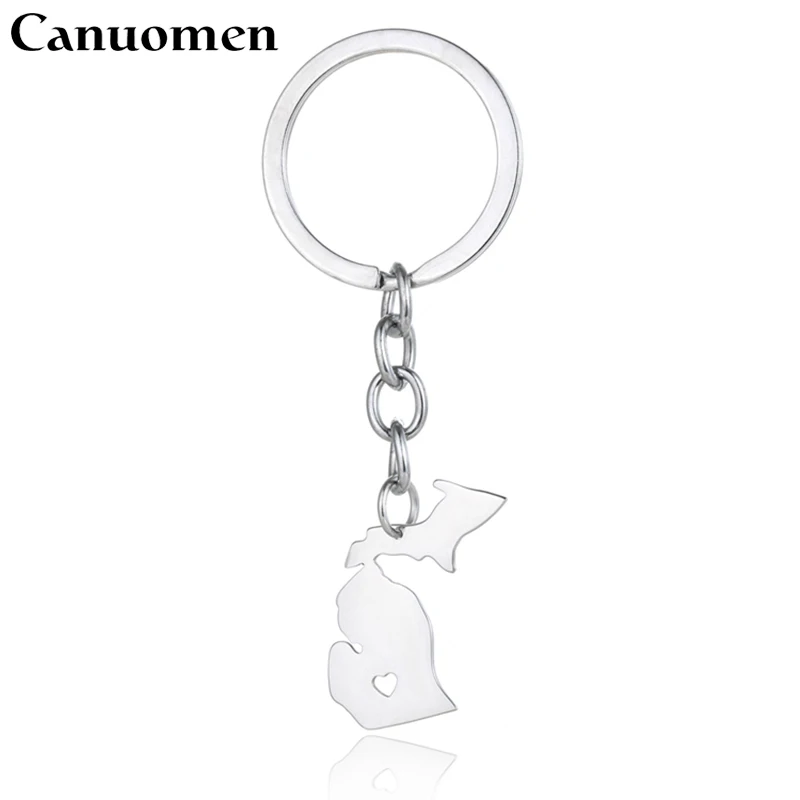 

Canuomen Michigan State Map Key Chain US States Maps with Love Heart Stainless Steel Car Keyrings Fashion Bag Accessory Jewelry