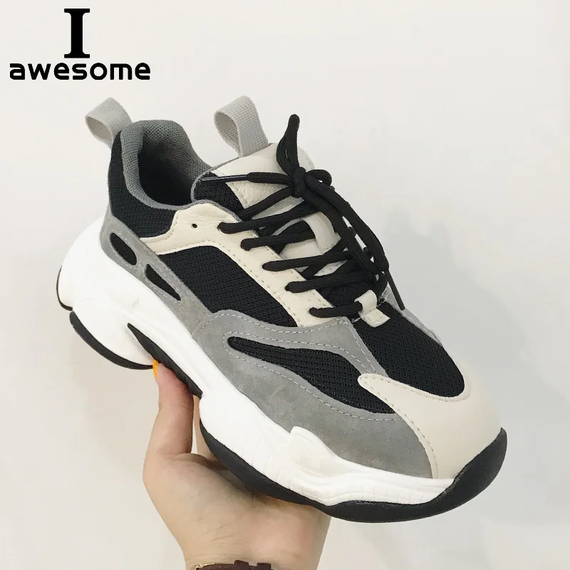 

Genuine Leather Retro Women's Chunky Sneaker 2019 Handcrafted Vintage Platform Lace-up Women Dad Sneakers Thick Sole Shoes Flats