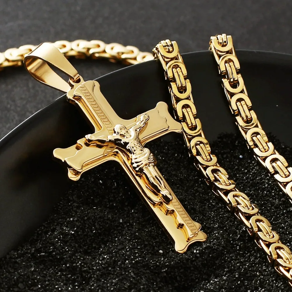 Catholic Crucifix Pendant Necklace Ichthus Jesus Cross Gold Color Stainless Steel Byzantine