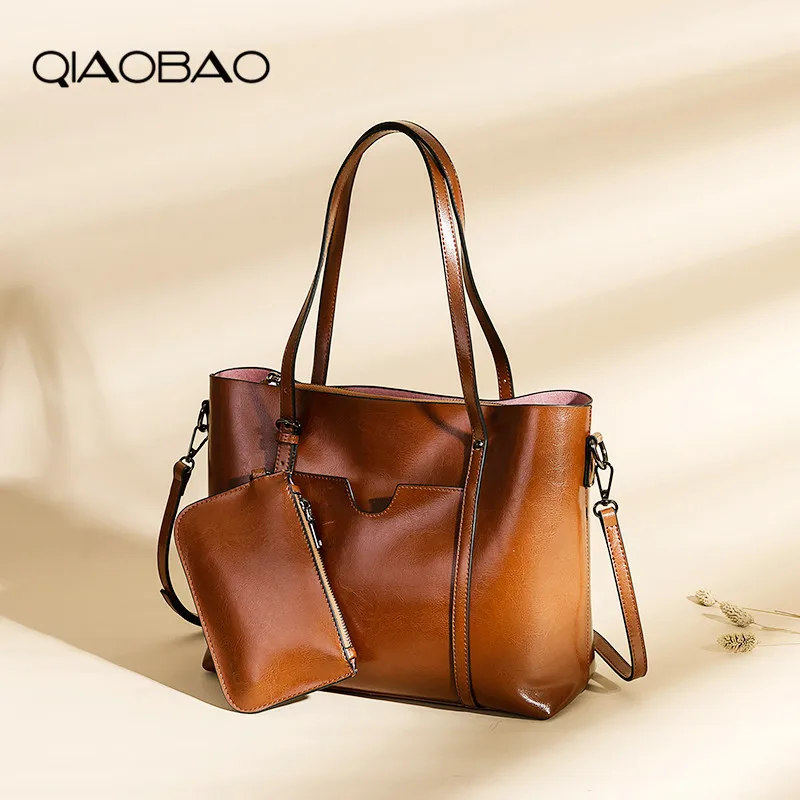 

QIAOBAO 2019 new Messenger Crossbody shoulder bag Genuine Leather handbag Lady Cowhide Tote bag Fashio retro Shopping bags