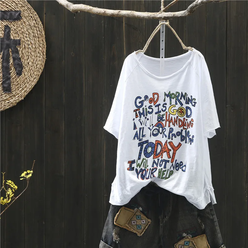 Short sleeve white Бамбуковая хлопковая футболка, свободная, весна-лето, для женщин, Mori, для девушек, повседневная, с принтом букв, футболка, зеленый, белый, топы, Femme - Цвет: Short sleeve white