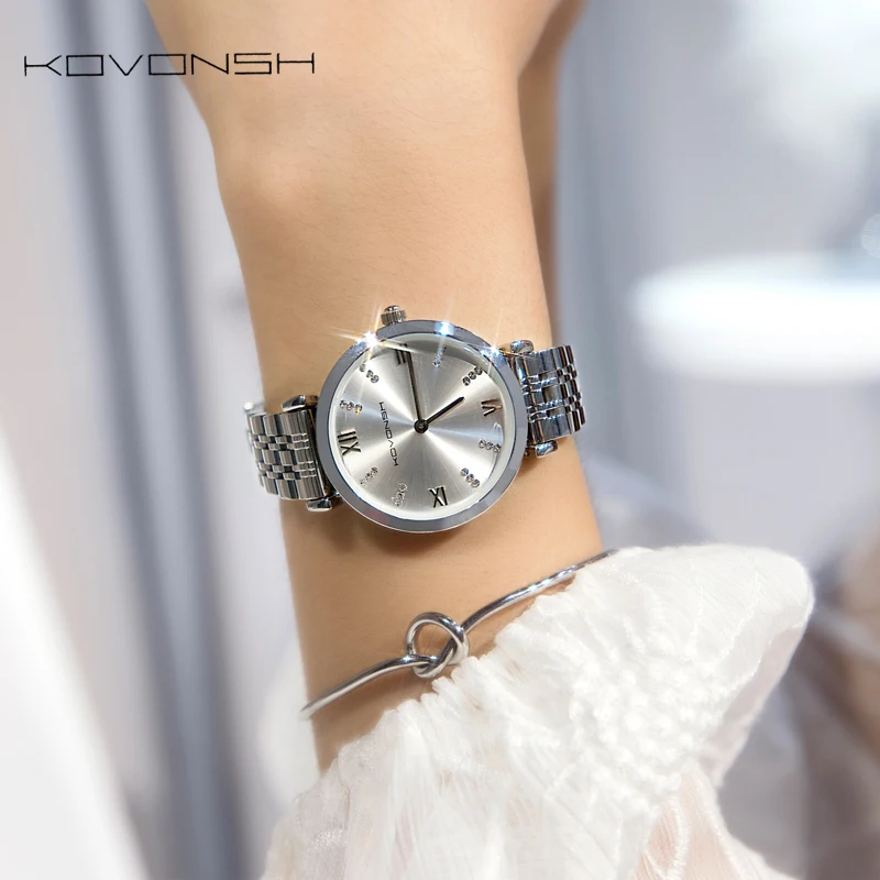 KOVONSH Luxury Fashion Women Watches Lady Watch Stainless Steel Dress Women Watch Quartz Wrist Watches Gift Present Dropshipping