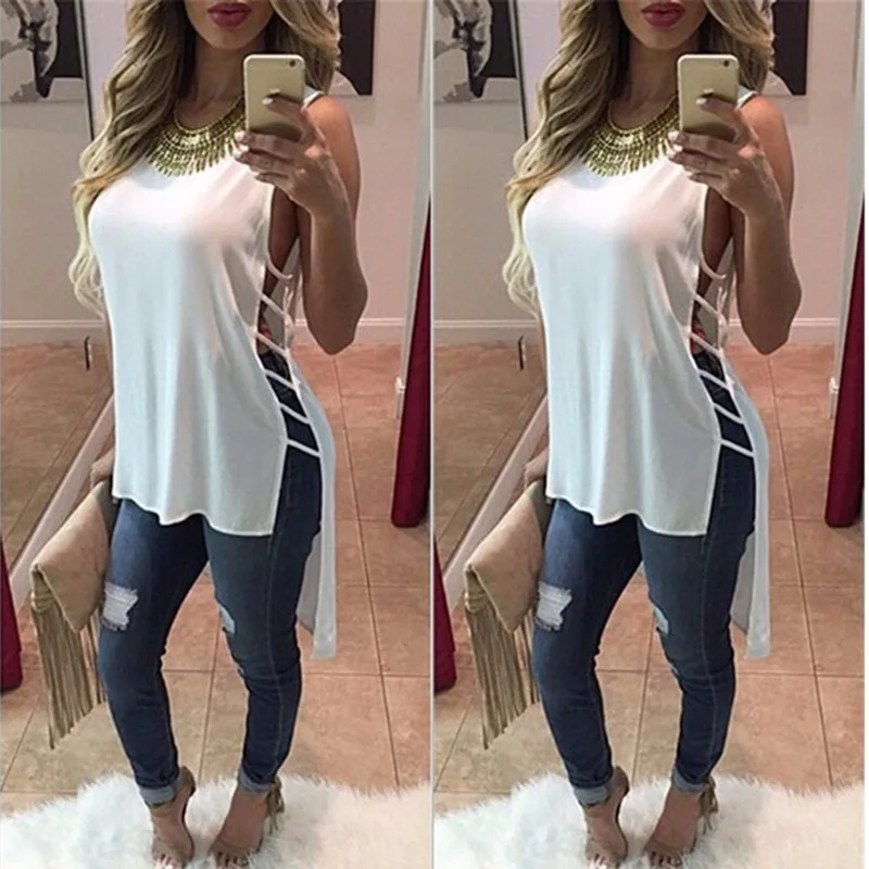 

Sleeveless Chiffon T Shirt Camis Sexy Hollow Out Swallow Tailed Bandage Tank Tops Women