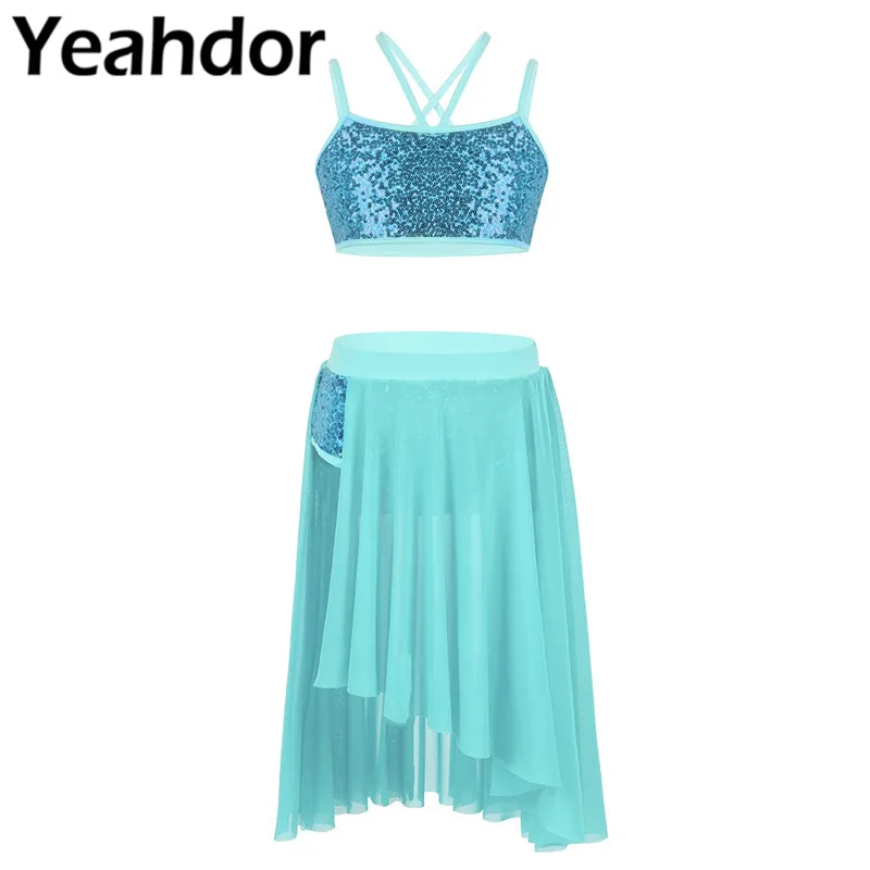 

2PCS Kids Girls Outfit Sequins Spaghetti Shoulder Straps Crop Top with Tulle Skirt Set for Latin Lyrical Ballet Dance Dress