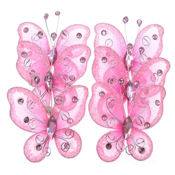 

10pcs Organza pink wire butterflies glitter rhinestone butterfly charm for wedding stakes Party DIY Decorations 5.2 x 5.6cm