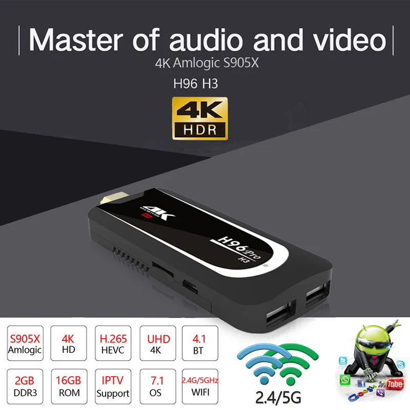 H96Pro-H3 4 K Full HD tv Stick Amlogic S905X четырехъядерный Android 7,1 OS 2G 16G Мини приставка для телевизора 2,4G+ 5G Wifi BT4.0 tv dongle