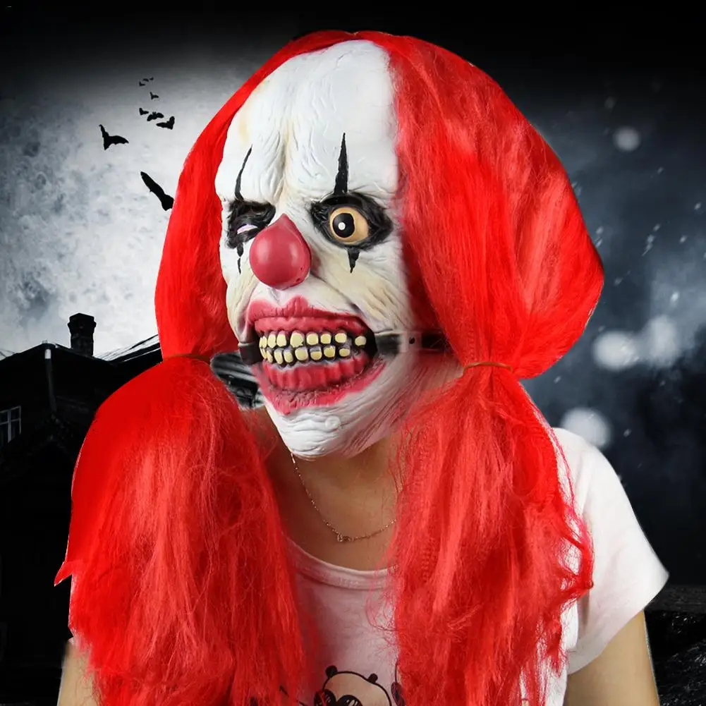 Scary Clown Mask Adult Mens Latex /& Red Hair Halloween Evil Killer Fancy Dress