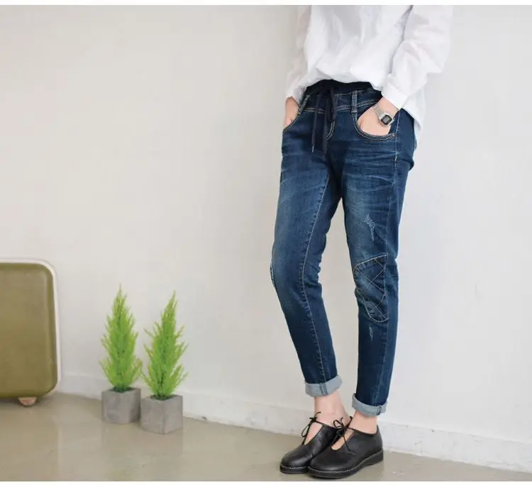 

Women Blue Cotton Elastic waist Denim Harem Pants Vintage Loose Casual jeans femme Boyfriend Baggy Drawstring Jeans Women 100703