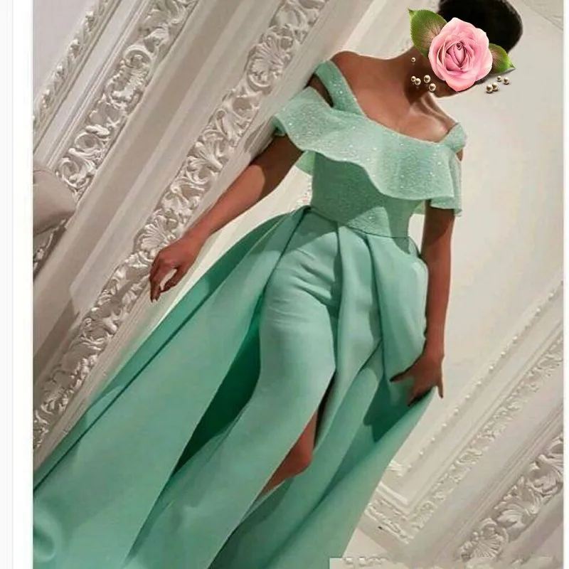 

Mint Green Evening Dresses Long Robe De Soiree Beaded Evening Dress Split Elegant Formal Gowns 2018 Vestido De Festa Longo