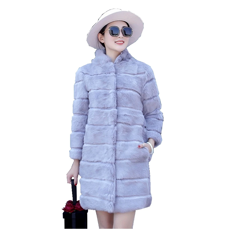 

Lady Real Wholeskin Rabbit Fur Coat Jacket Mandarin Collar Winter Genuine Women Fur Outerwear Coats Plus Size LF5166