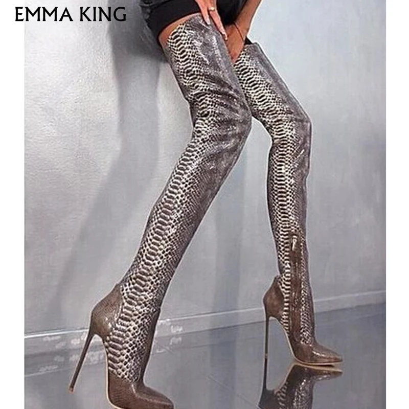 EMMA KING Sexy Snakeskin Over The Knee Boots Pointed Toe Patchwork ...