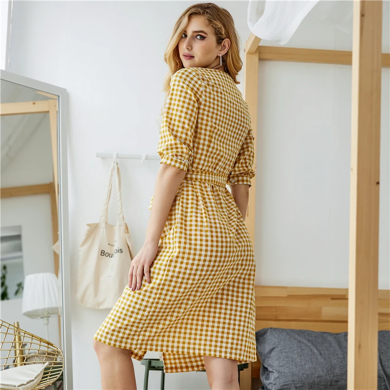 Colorfaith New Women Dresses Spring Summer V-Neck Plaid Dresses Asymmetric Linen Casual Ladies Patchwork Lace Up Bow DR122