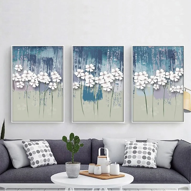 Nordic Retro Watercolor White Flower Abstract Canvas Poster Painting