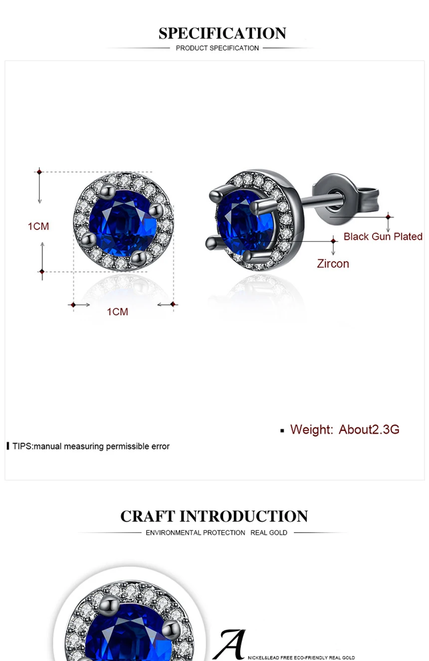 Round Blue Diamond Stud Earrings for Women Sapphire Black Color Fine Jewelry perola Kolczyki Orecchini Brincos Bizuteria Earring