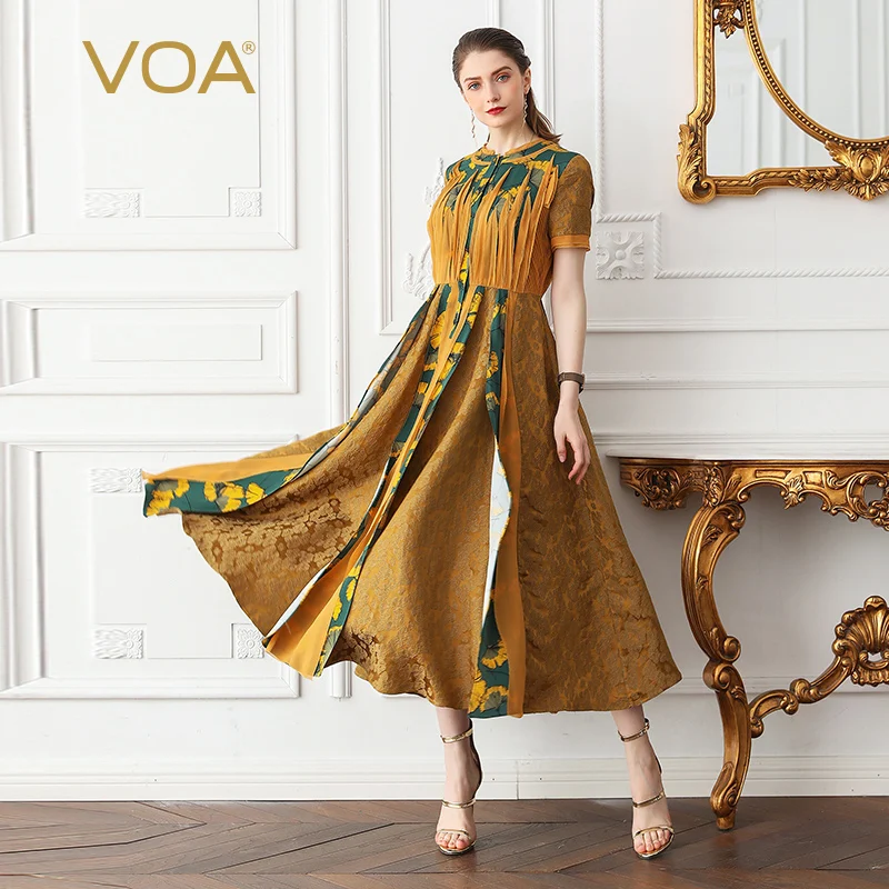 

VOA Silk Jacquard Party Dress Women Swing Long Dresses Gold Vintage Print High Waist Slim Plus Size 5XL Summer Short Sleeve A682