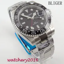 40mm Bliger black Dial Ceramic Bezel Deployment Luminous Hands Date window Sapphire Crystal GMT Automaic Movement Men’s Watch