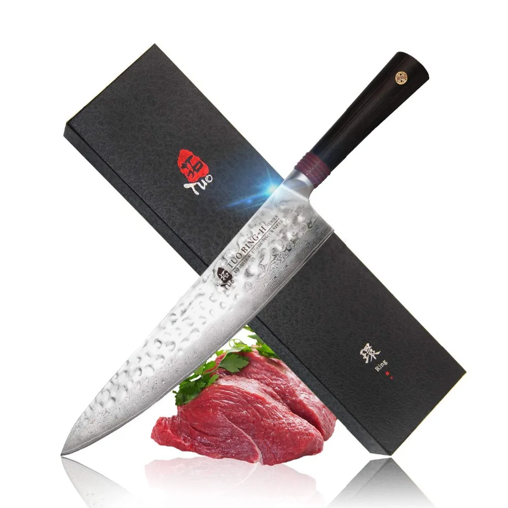 

TUO Cutlery Chef Knife - Japanese AUS-10 HC Damascus Steel - Hand Hammered Blade Finish - Dishwasher Proof - G10 Handle - 9.5''