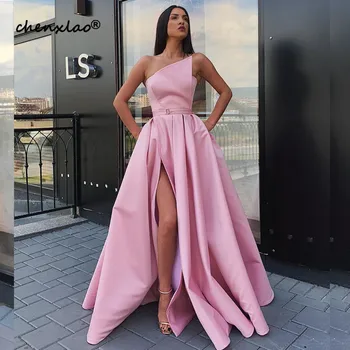 

CHENXIAO Simple Satin Pink Evening Dress Long A-Line Sleeveless Strapless Split Floor Length Formal Evening Dresses Vestidos