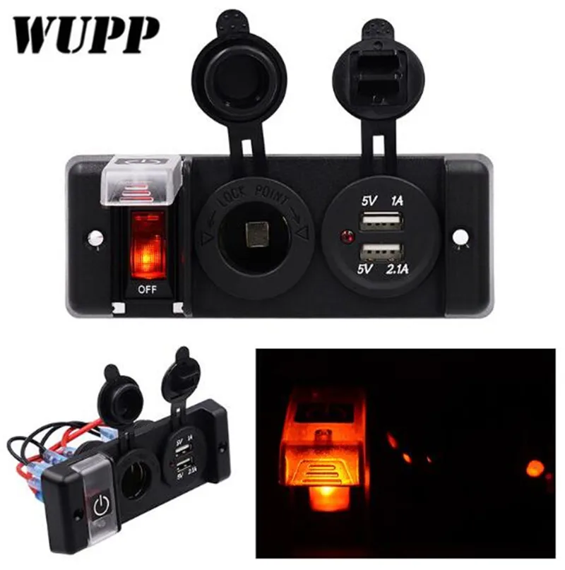 

WUPP 12V Switch Panel Dual 5V 1A 2.1A USB Outlet Car Charger Cigarette Lighter Socket Red LED Indicator Switch Panel Waterproof