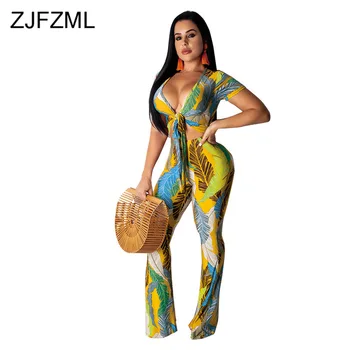 

Leave Print Sexy 2 Piece Set Women Beach Outfits Tie Up V Neck Crop Top And Skinny Pant Sweat Suits Plus Size Bohemian Tracksuit
