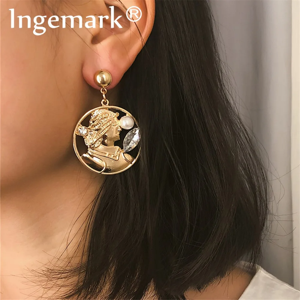 

Ingenmark Vintage Big Round Crystal Drop Earrings Elegant Queen Portrait Rhinestone Geometric Dangle Earrings Women Jewelry 2019