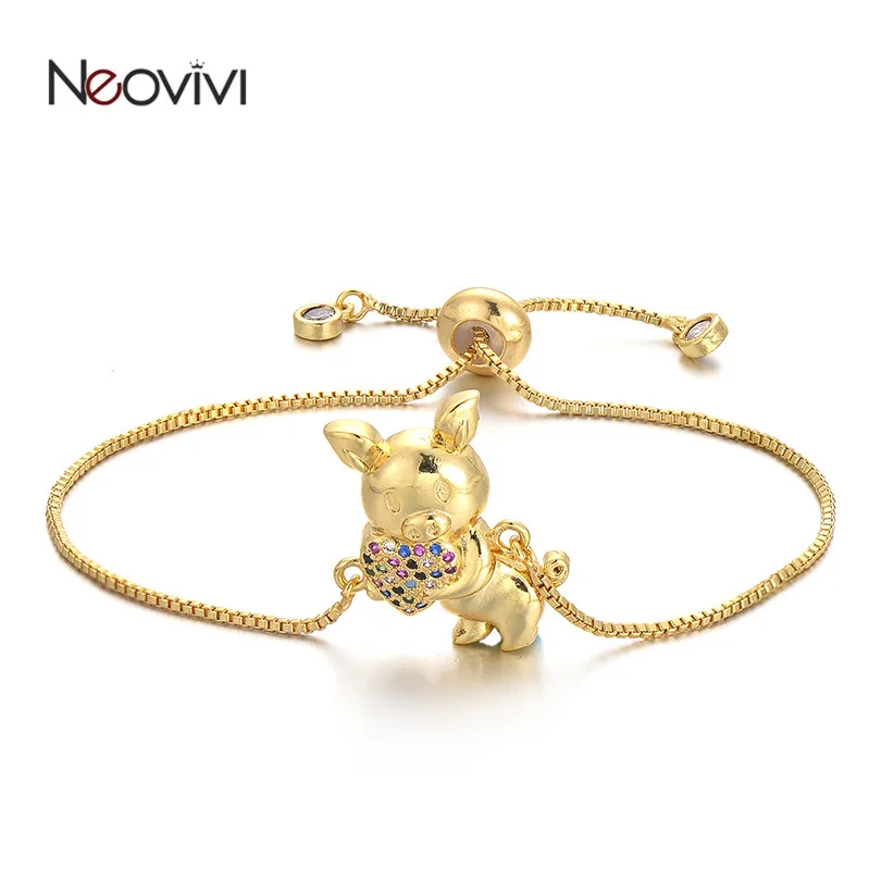 

Neovivi Multi Color Zircon Pig Heart Charm Bracelet for Women Handmade Copper Link Adjustable Chain Bracelets DIY Jewelry Men