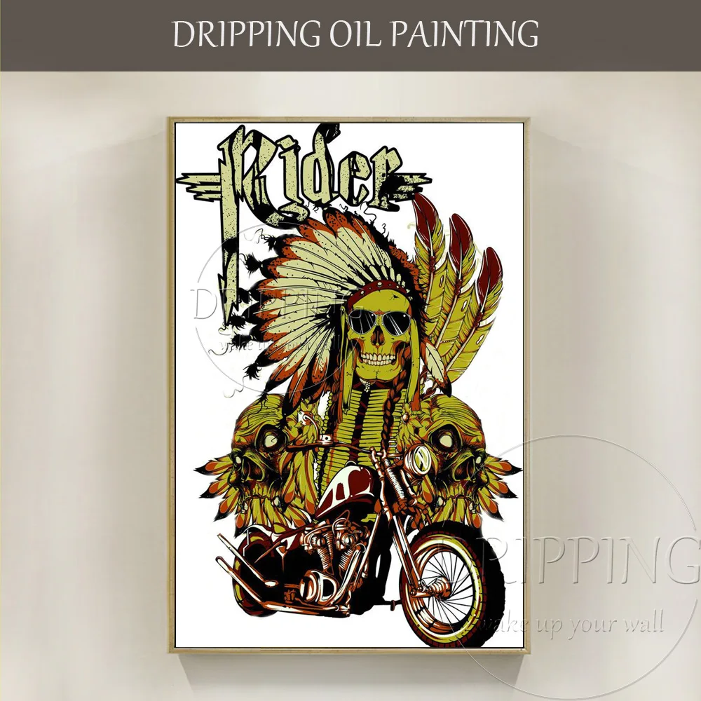 

Free Shipping High Quality Wall Decor Painting Abstract Modern American Indian Oil Painting Funny Motorcycle Rider Oil Painting