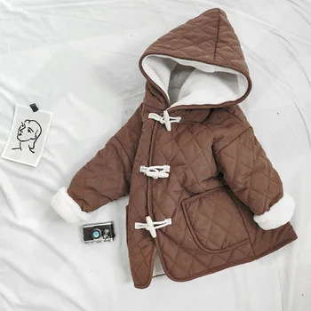 

2 3 4 5 6 7 Years Kids Boys and Girls Velvet Hooded Coat Baby Horn Button Cotton-padded Clothes Winter Thicken Warm Long Jacket