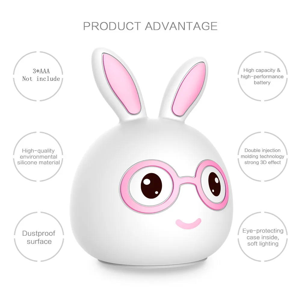 7 Colors LED Night Light Silicone Cute Cartoon Rabbit Rechargeable Decor Table Lamp Holiday Ambient Light for Girl Children Gift (5)_