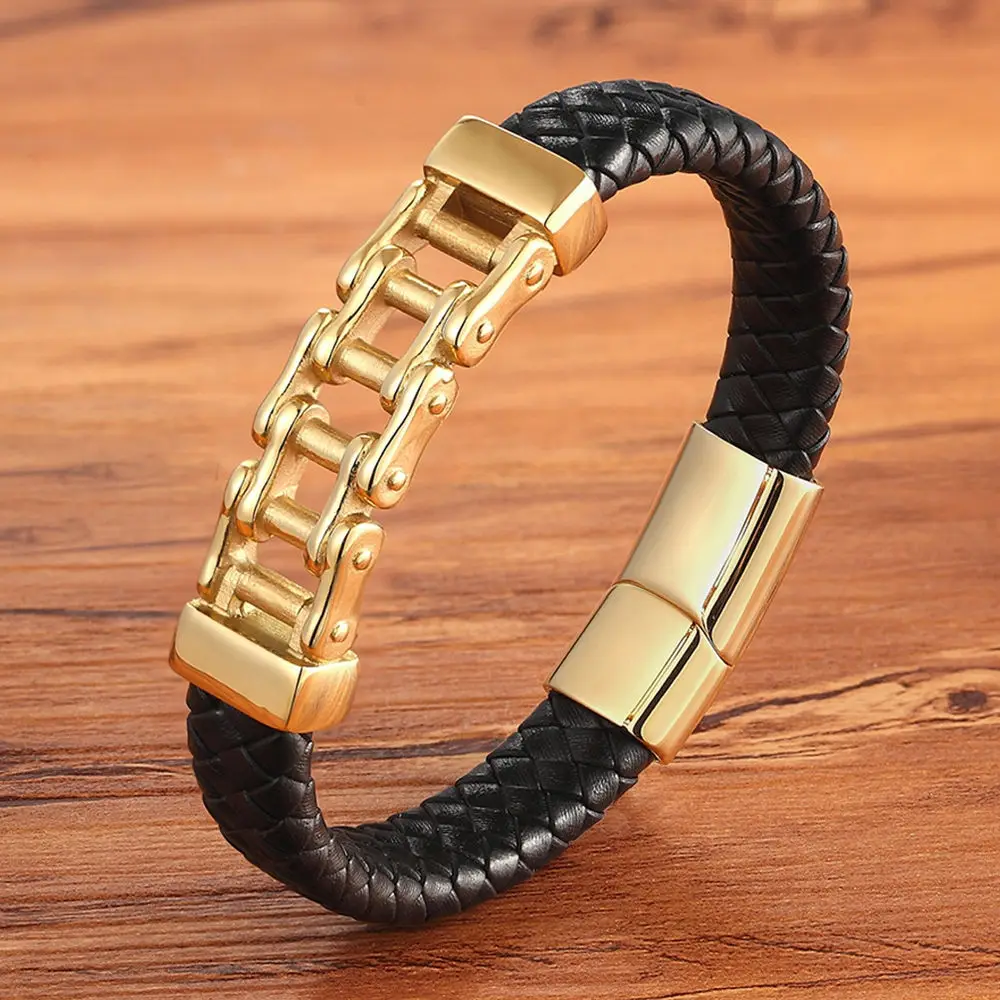 Уникальный Панк Дизайн Специальный узор велосипедная цепь нержавеющая сталь аксессуары мужской кожаный браслет многоцветный подарок на день рождения - Окраска металла: Gold