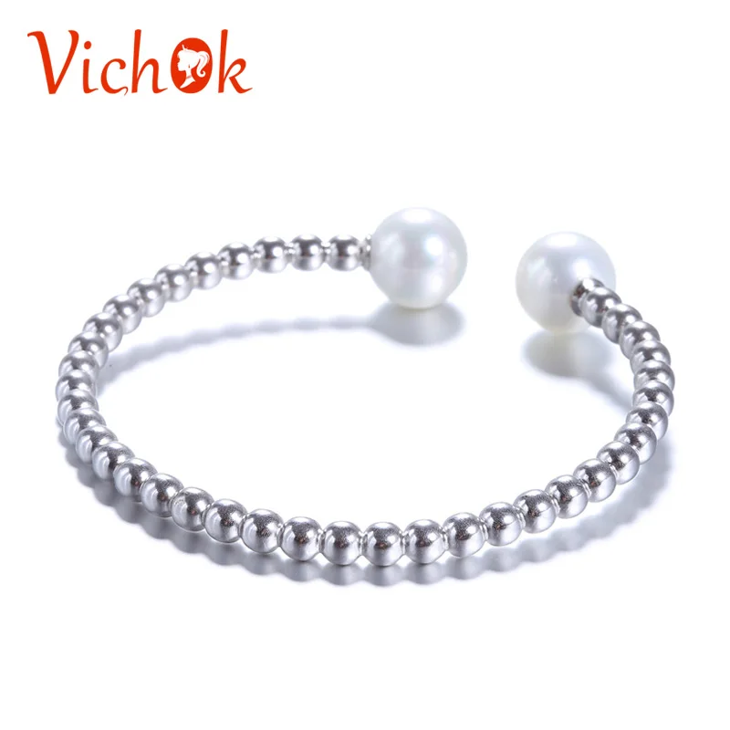 

VICHOK Vintage Lucky Beads Charm Cuff Bracelets silver 925 jewelry Natural Freshwater Pearl women bracelet