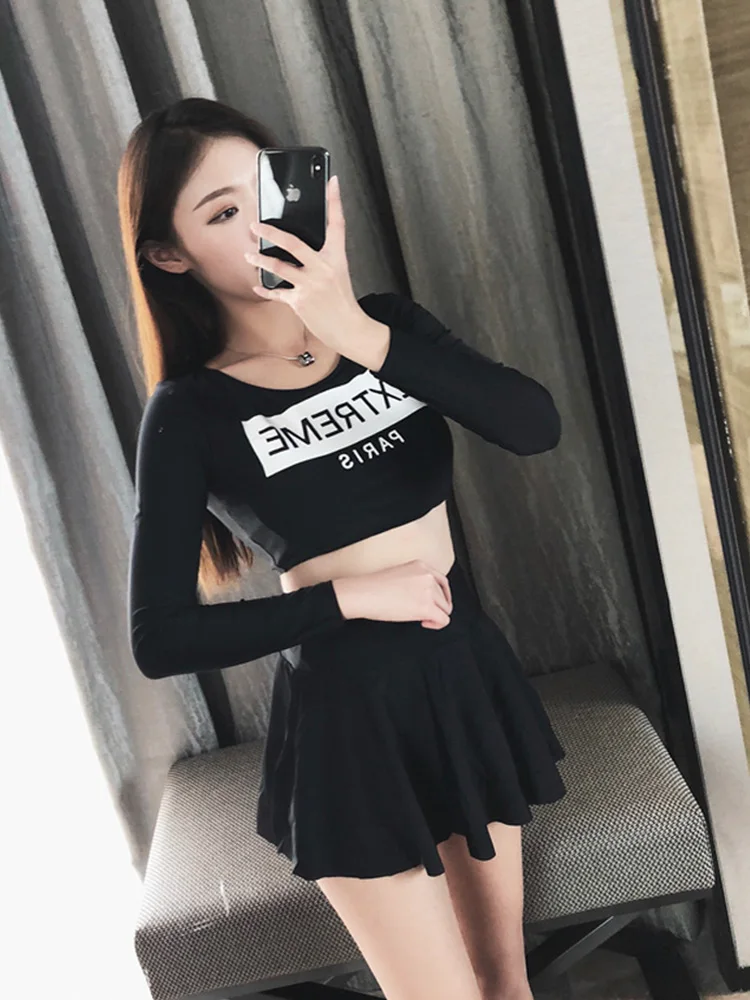 

Women Sport Tankini Sexy Push Up Black 2 Pieces Swimsuit Long Sleeves Surfing Suit Beach Wear Swimming Skirt Beach Rashguards