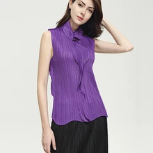 Горячая Miyake Мода Складные без рукавов Стенд сексуальный оборками soild Футболка женская