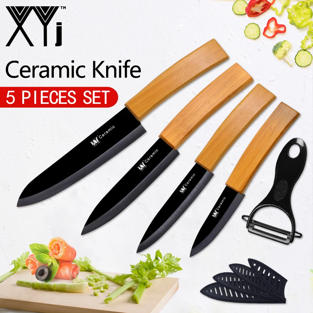 

XYj Bamboo Handle Kitchen Knives Accesssories Chef Ceramic Knife Set 3" 4" 5" 6" inch Ceramic Cooking Knife+Free Ceramic Peeler