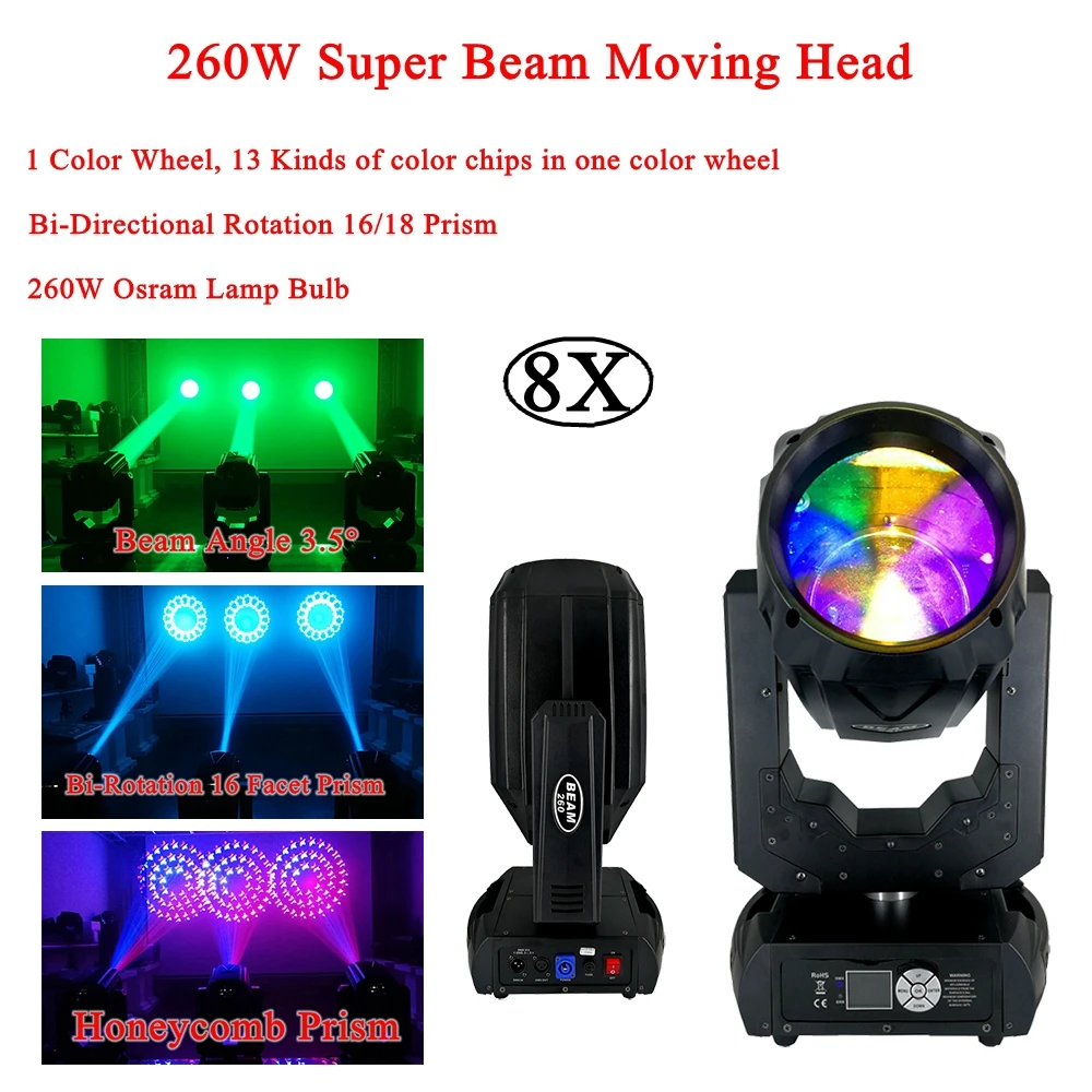 

8Pcs/Lot Professional 260w Super Beam Moving Head Light Rotation 16/18 Prism LED Moving Head Beam Dj Equipment DMX512