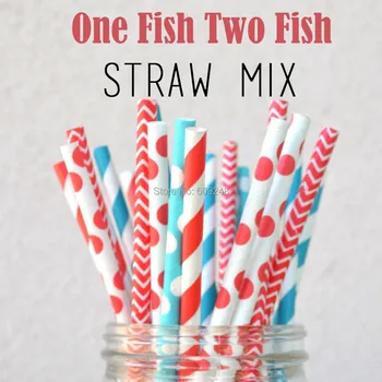 

100pcs Mixed Colors 1 Fish 2 Fish Paper Straws Colored,Turquoise stripe, red stripe, white with red dots and red chevron