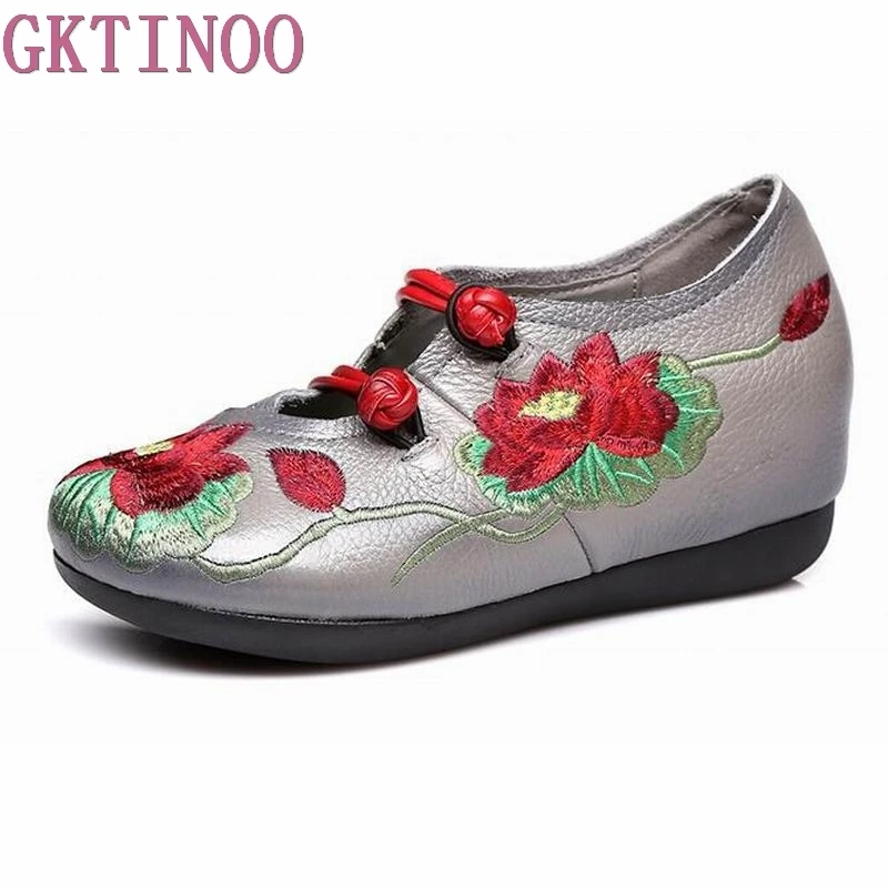 

GKTINOO Ethnic Style Women Casual Shoes Embroider Soft Real Geuine Leather Slip on Height Increasing Female Autumn Shoes